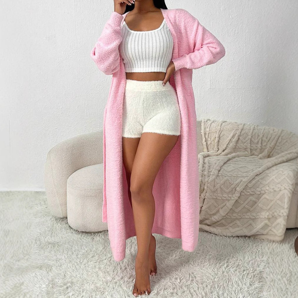 Damen Langer Wickel-Cardigan in Flausch-Optik mit Bindegürtel EB
