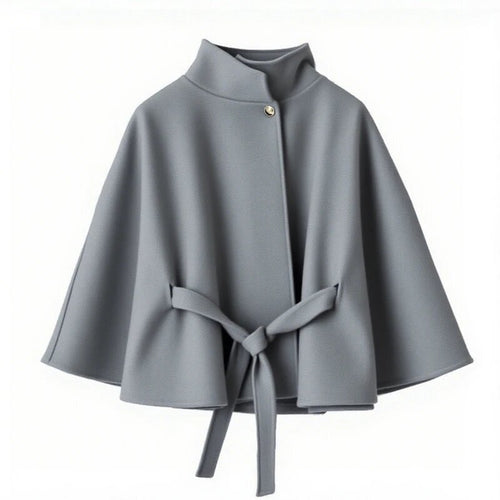 Damen elegante Umhangjacke mit Bindegürtel und hochgeschlossenem Kragen EB