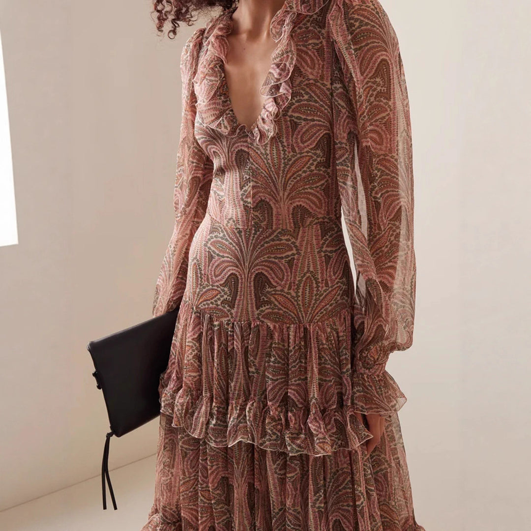 Damen Maxikleid mit rüschenverziertem Gewebe und elegantem V-Ausschnitt EB