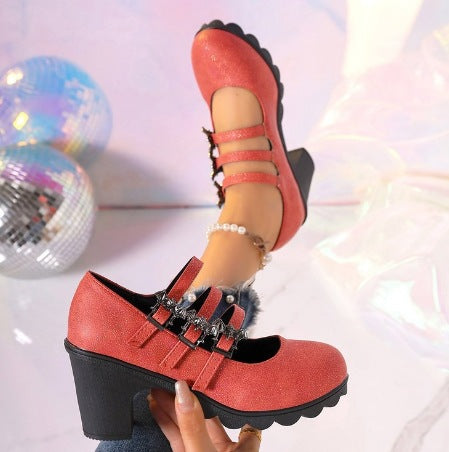Damen Elegante und modische Blockabsatz-Sandalen mit doppeltem Riemendesign EB