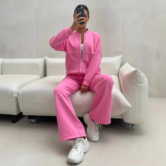 Damen Zweiteiliges Loungewear-Set mit kurzem Bomber-Zip und weiter hochgeschnittener Jogginghose EB