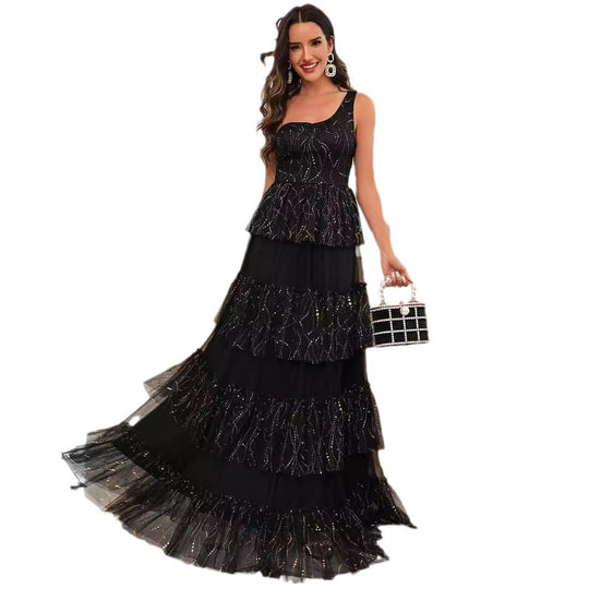 Damen Elegantes Schichtkleid mit Glitzerakzenten und Tülldetails EB