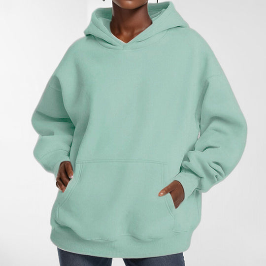 Damen nan extralanges Oversize Kapuzen-Sweatshirt mit Kängurutasche, weichem Fleece-Innenfutter und überschnittener Schulter EB