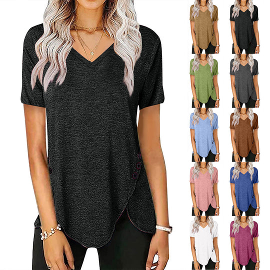 Damen lässiges V-Ausschnitt T-Shirt mit asymmetrischem Saum und dekorativen Knopfdetails EB