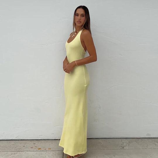 Damen elegantes Maxikleid mit tiefem V-Ausschnitt und figurbetonter Silhouette EB