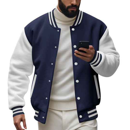 Herren nan College-Baseballjacke im Varsity-Stil mit Rippbündchen und Druckknopfleiste EB