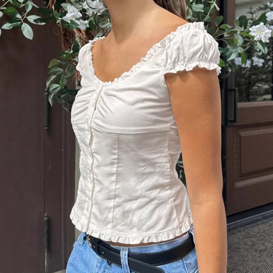 Damen Rüschen-Top mit Knöpfen und tailliertem Schnitt EB