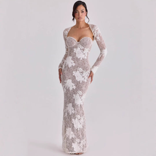 Damen Elegantes Spitzenabendkleid mit langem Arm und verführerischem Schnitt EB
