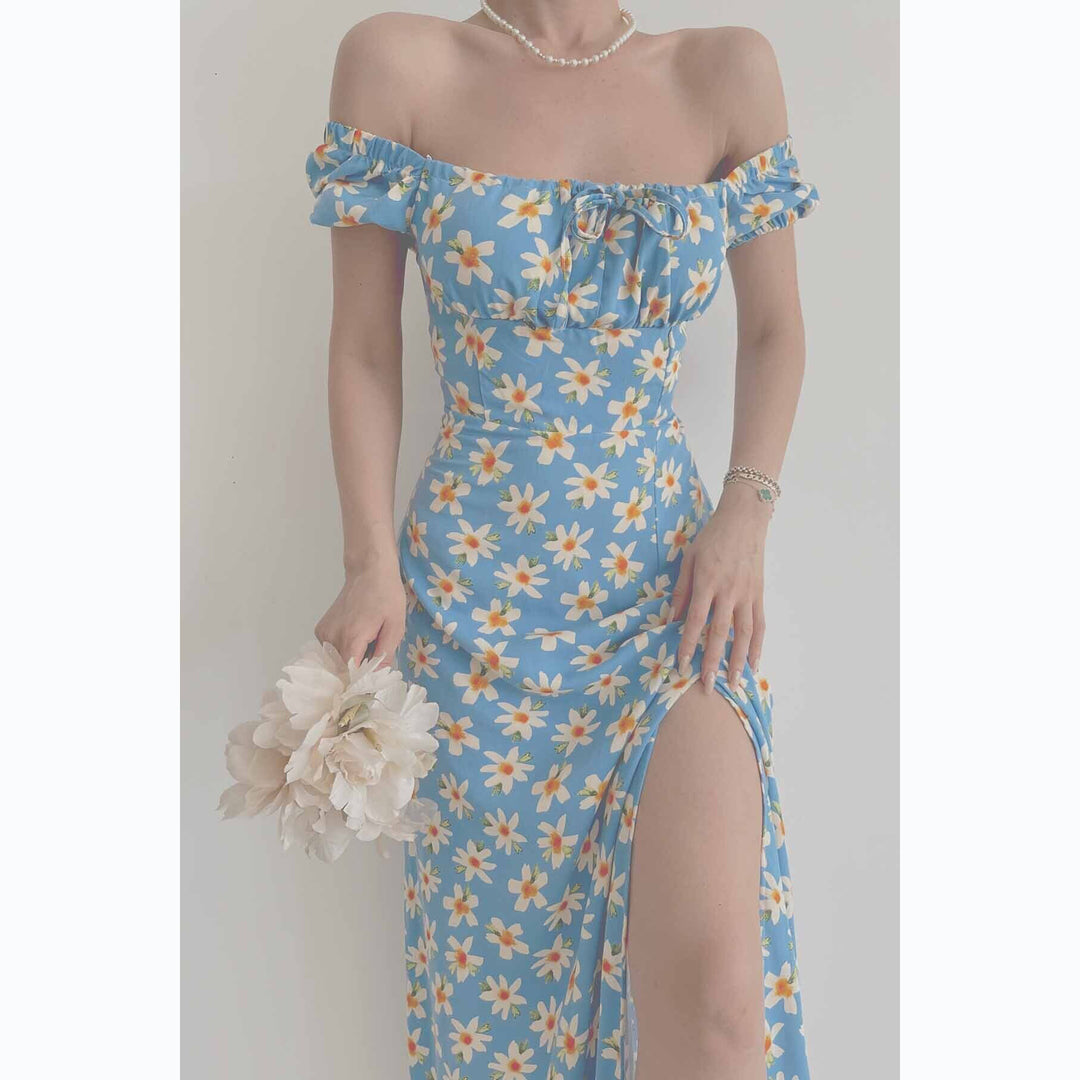 Damen Off-Shoulder Maxikleid mit floralem Design und elegantem Schlitz EB