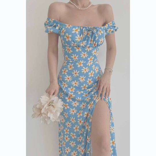 Damen Off-Shoulder Maxikleid mit floralem Design und elegantem Schlitz EB