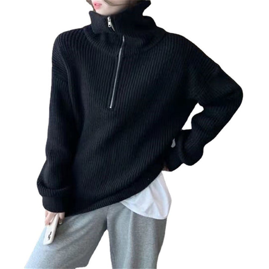 Damen Leichter Strickpullover mit hohem Kragen und Reißverschluss EB