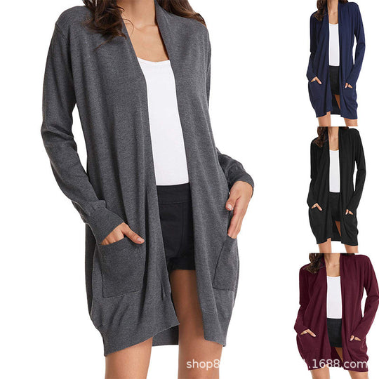 Damen Lange Strickjacke mit offenen Front und praktischen Taschen EB