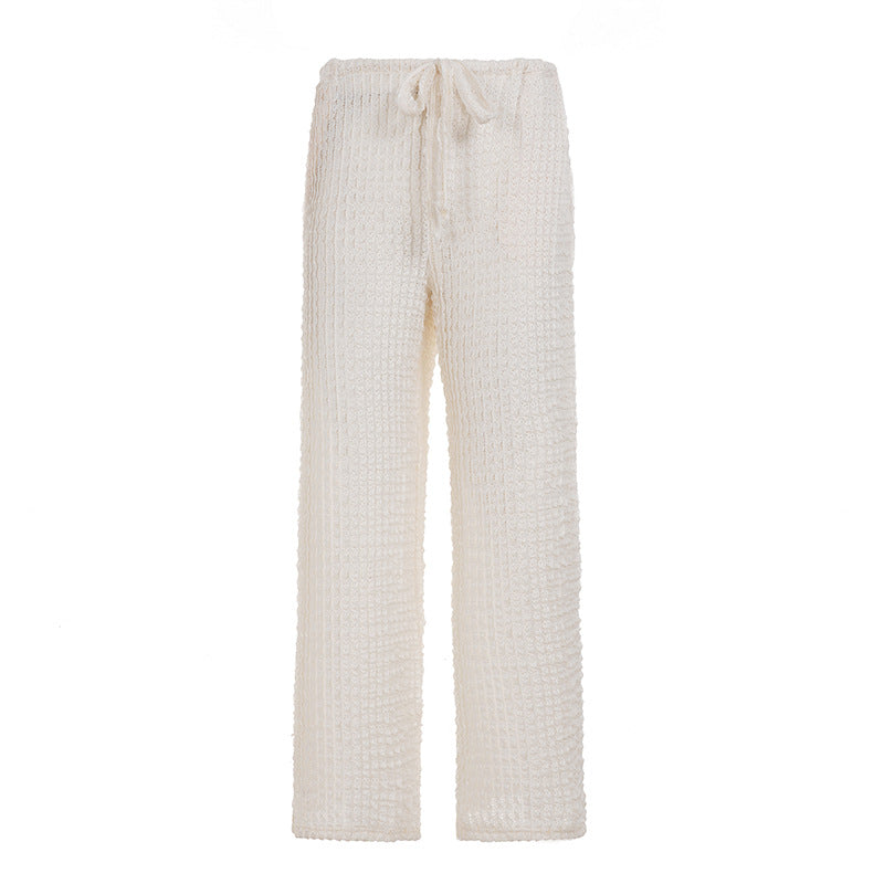 Damen nan kuschelige Strick-Loungehose mit weitem Bein, hoher Taille und Kordelzug EB