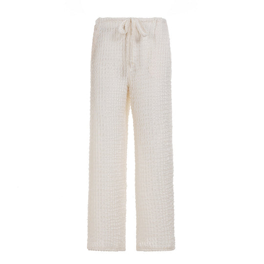 Damen nan kuschelige Strick-Loungehose mit weitem Bein, hoher Taille und Kordelzug EB