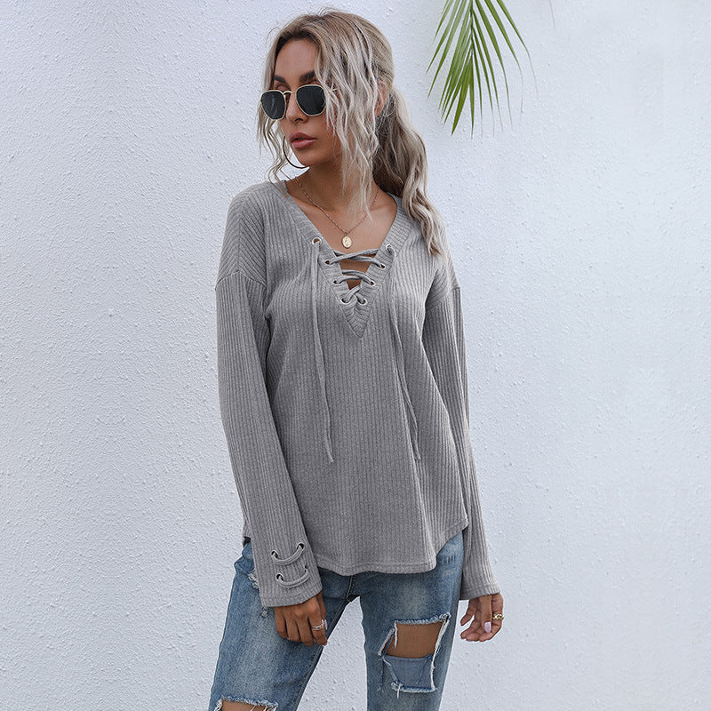 Damen lässiger Pullover mit V-Ausschnitt und Schnürung EB