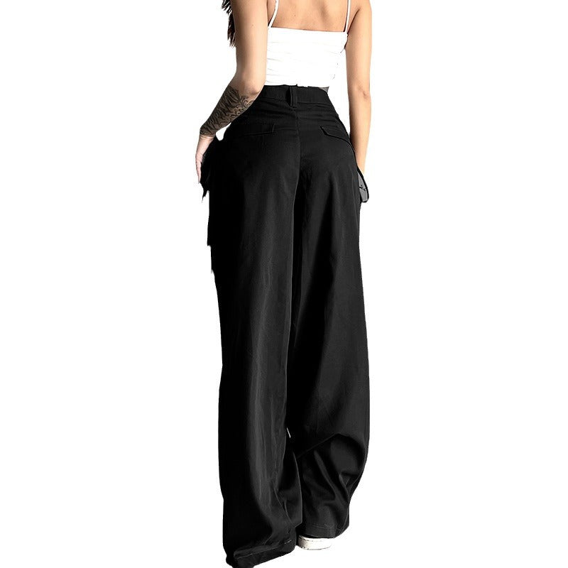 Damen nan hochtaillierte weite Bundfaltenhose mit Cargo‑Details, Gürtelschlaufen und geradem Beinschnitt EB