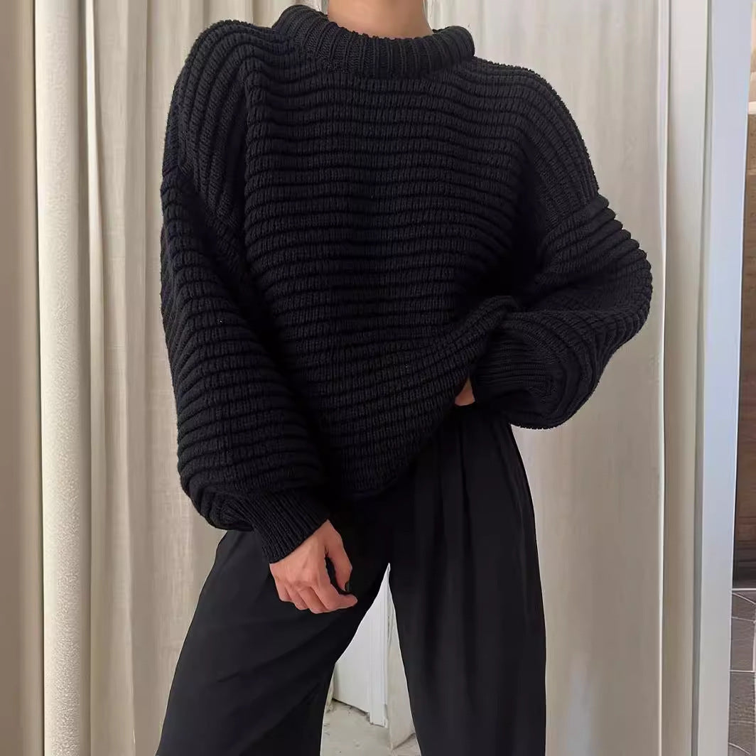 Damen lässiger Strickpullover mit Rollkragen und Rippstruktur EB