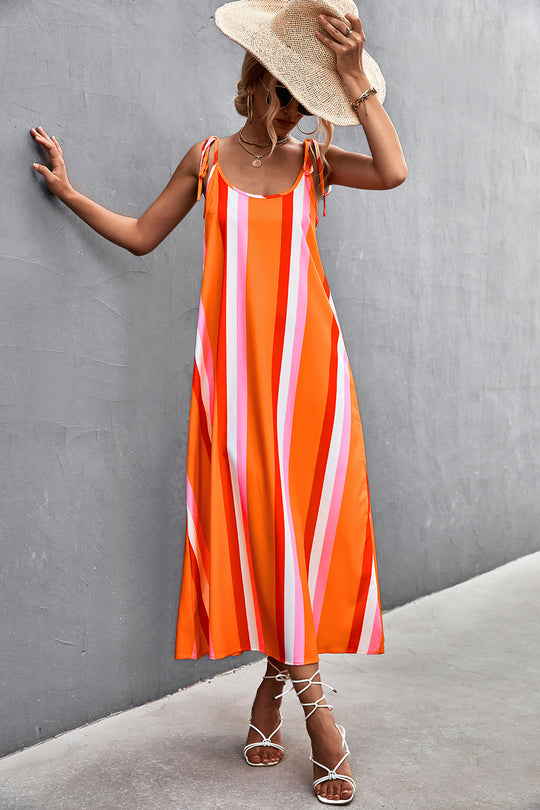 Damen Maxikleid mit modischen Streifen und taillierendem Gürtel EB