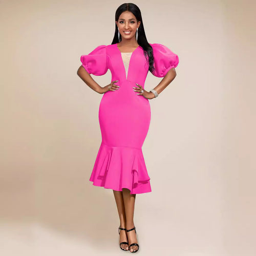 Damen figurbetontes Kleid mit voluminösen Puffärmeln und elegantem Rüschenabschluss EB