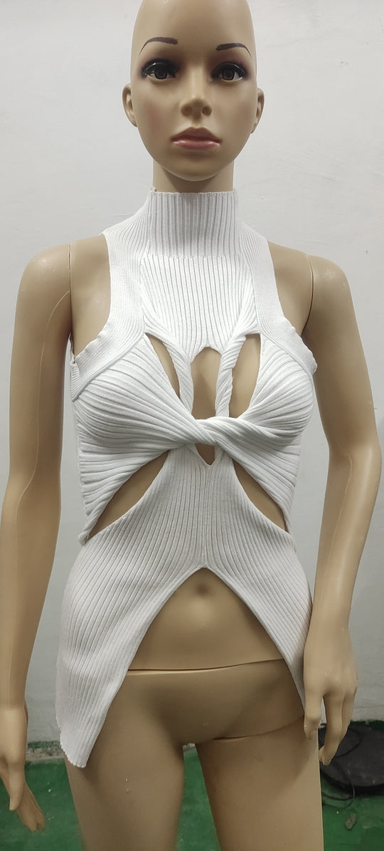 Damen figurbetontes Cut-Out Top mit hohem Kragen EB