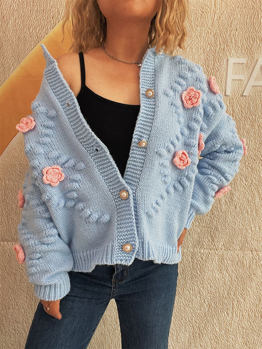 Damen Strickjacke mit floralen Applikationen und komfortablem Schnitt EB
