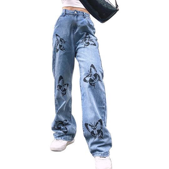Damen nan weite High-Waist-Jeans mit Gothic-Schmetterlingsprint und entspanntem Straight-Leg EB