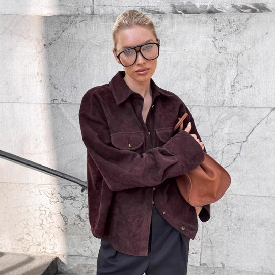 Damen Modische Suede Oversized Hemdjacke mit praktischen Taschen EB