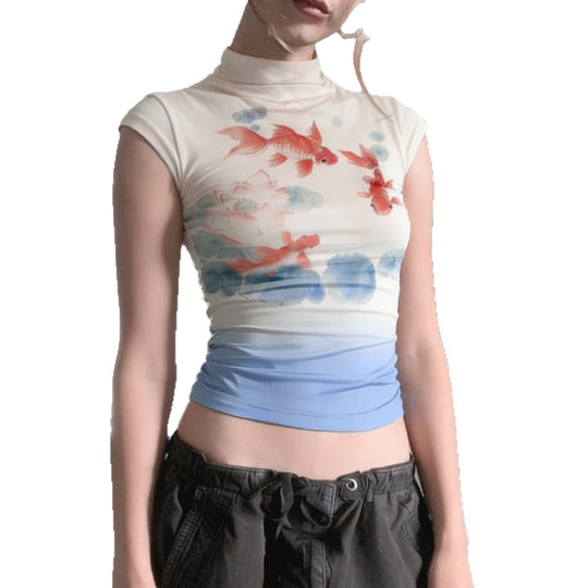 Damen figurbetontes T-Shirt mit eleganter Goldfisch-Illustration EB