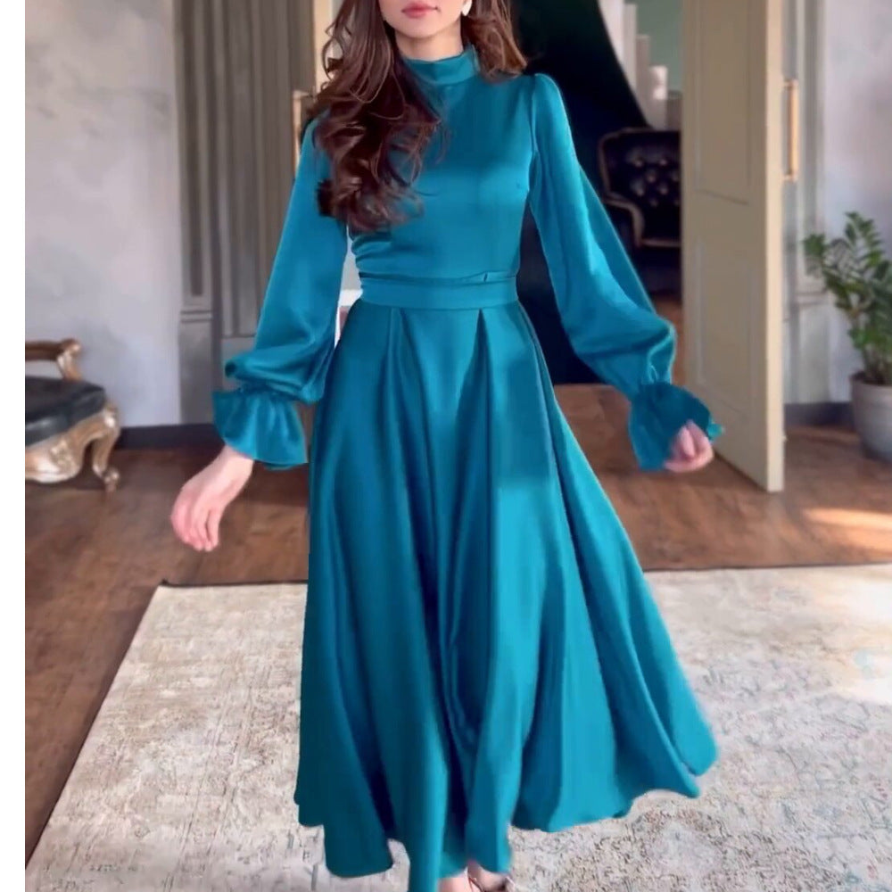 Damen Fließendes Abendkleid mit eleganten Puffärmeln und hohem Kragen EB