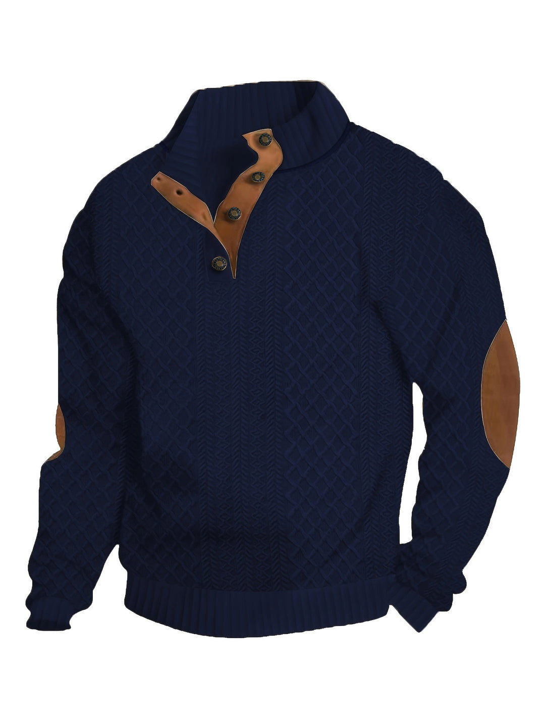 Herren nan Grobgestrickter Pullover mit Ellbogenpatches, Stehkragen und Knopfleiste EB