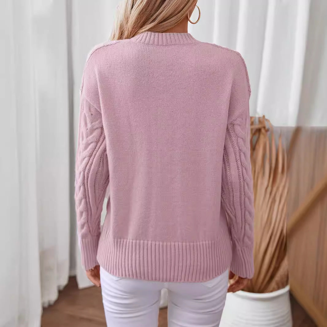 Damen modischer Strickpullover mit tiefem V-Ausschnitt und Zopfmuster EB