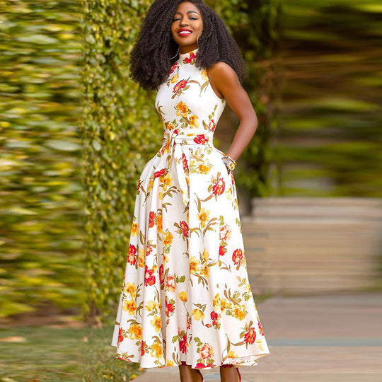 Damen Maxikleid mit floralem Design und elegantem Gürtel EB