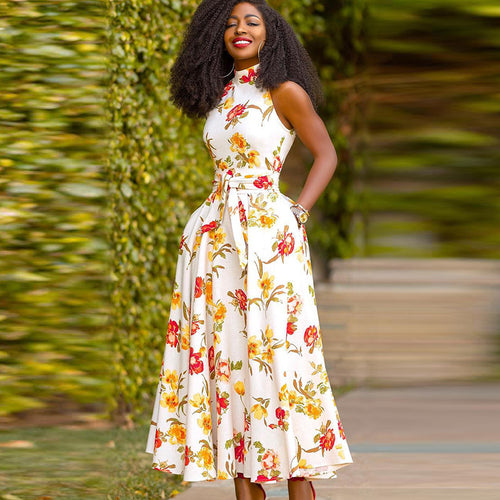 Damen Maxikleid mit floralem Design und elegantem Gürtel EB