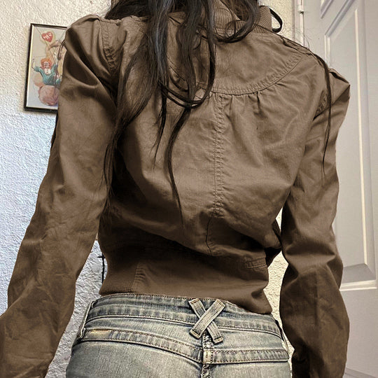 Damen modische cropped Jacke mit Stehkragen und Reißverschluss EB