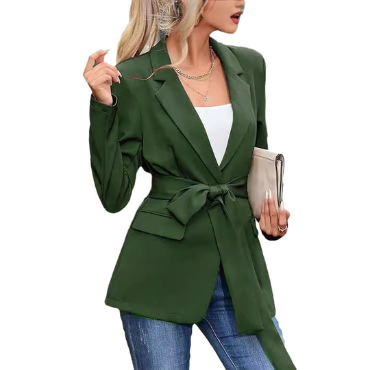 Damen eleganter Blazer mit Taillengürtel und Taschen EB