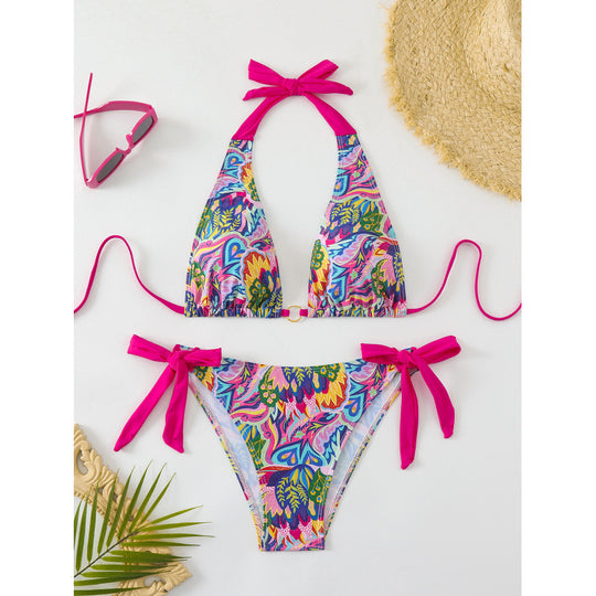 Damen Triangel-Bikini mit bindbaren Trägern und lebhaftem Muster EB