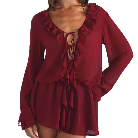 Damen Chiffonbluse mit eleganter Rüschendekoration und tiefem V-Ausschnitt EB