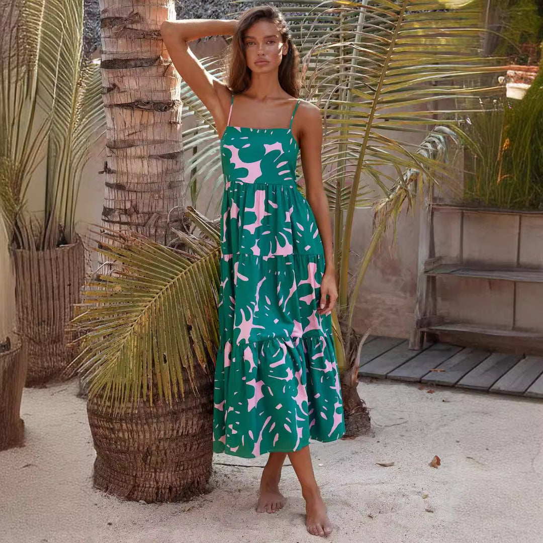 Damen Maxikleid mit voluminösem Rock und kreativem Blattdruck EB