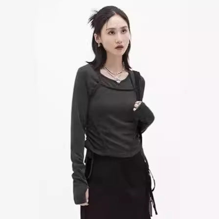 Damen Langarm Crop-Top mit verstellbarem Kordelzug EB