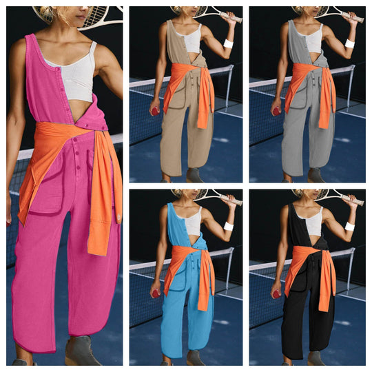 Damen sportlicher Jumpsuit mit asymmetrischem Schnitt und praktischem Knopfdetail EB