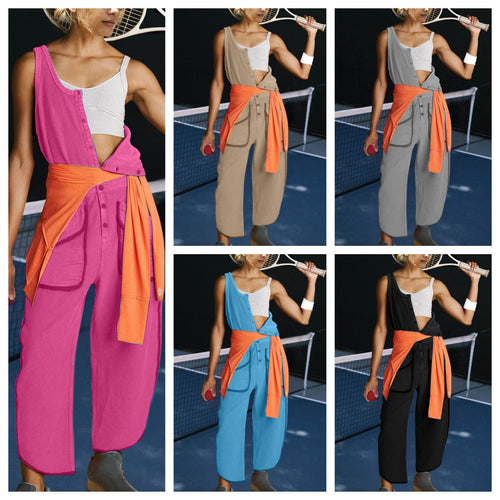 Damen sportlicher Jumpsuit mit asymmetrischem Schnitt und praktischem Knopfdetail EB