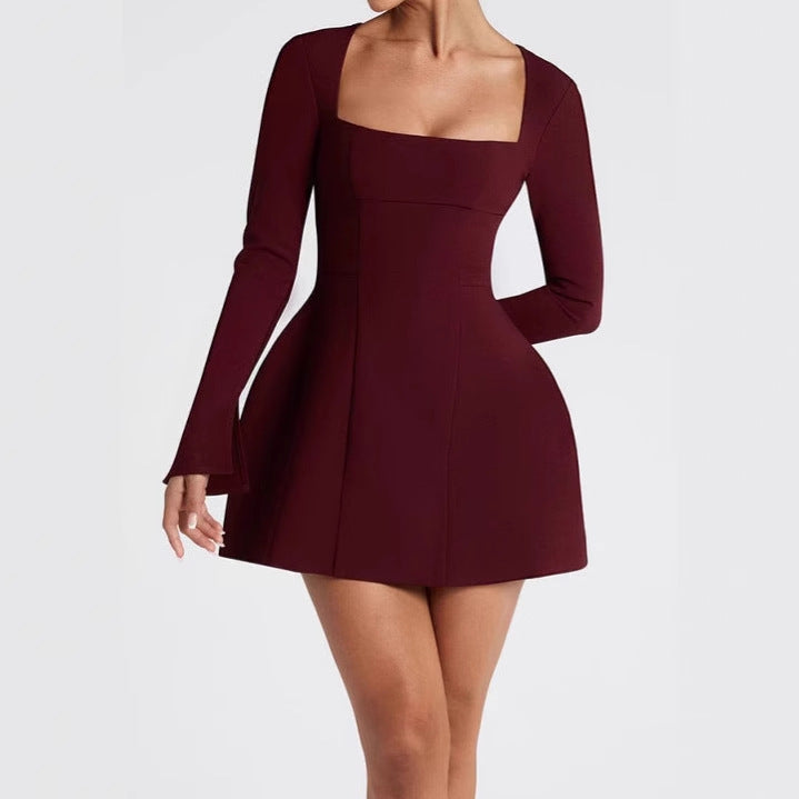 Damen Elegantes Minikleid mit Quadrat-Ausschnitt und ausgestellten Ärmeln EB