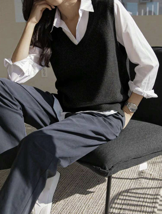 Damen Feinstrick-V-Ausschnitt Pullunder aus weichem Wollmix EB