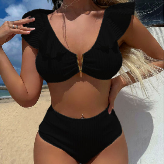 Damen Hoch taillierter Bikini mit verspielten Rüschendetails EB