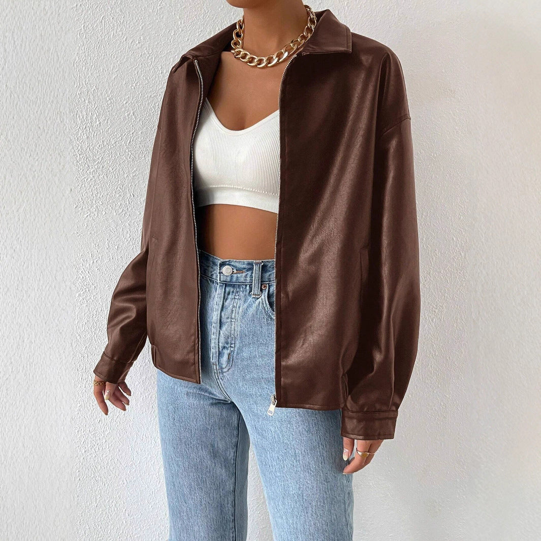 Damen trendige Kunstlederjacke im modernen Schnitt mit lässigem Reißverschluss EB