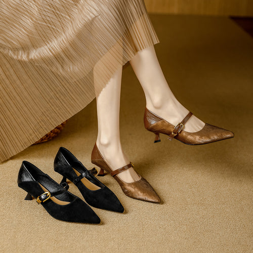Damen Elegante Mary Jane Pumps mit dekorativem Riemen und niedrigem Absatz EB