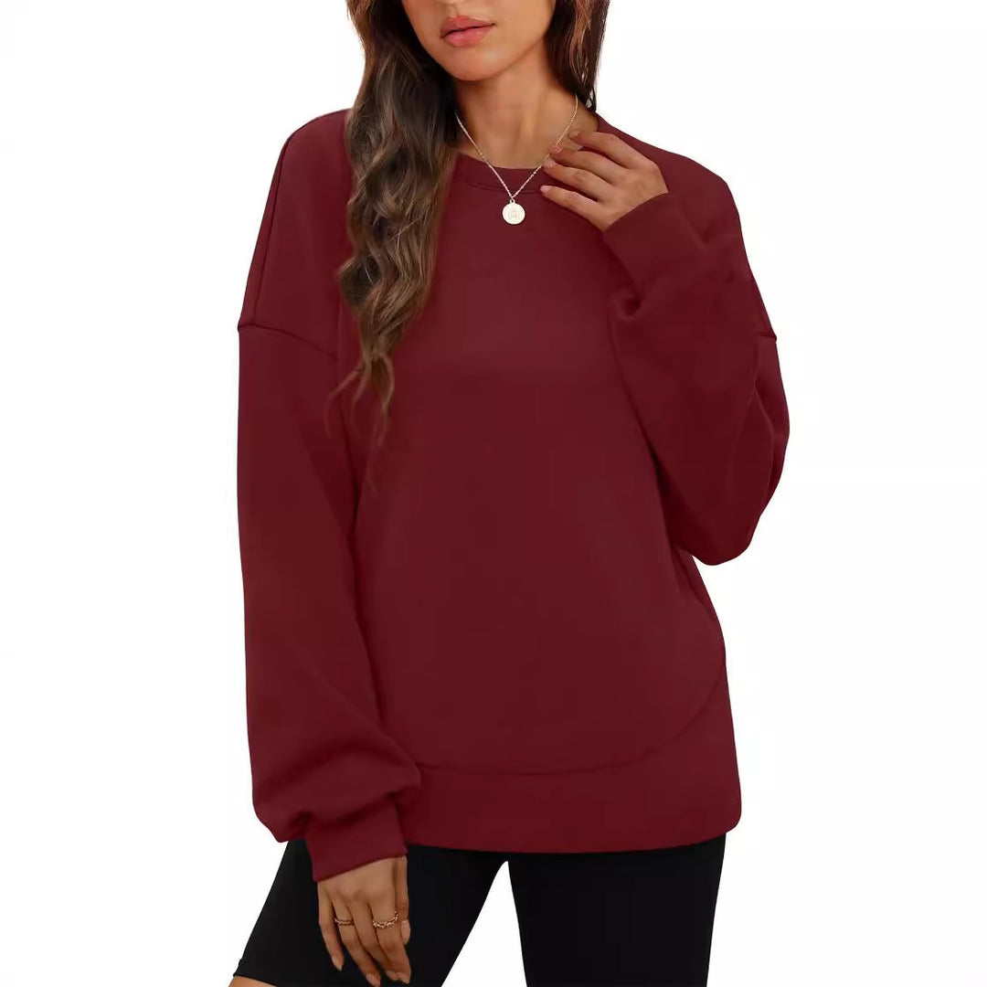 Damen nan lässiges Oversize Rundhals-Sweatshirt mit überschnittener Schulter gerundetem Saum und weichem Innenfutter EB