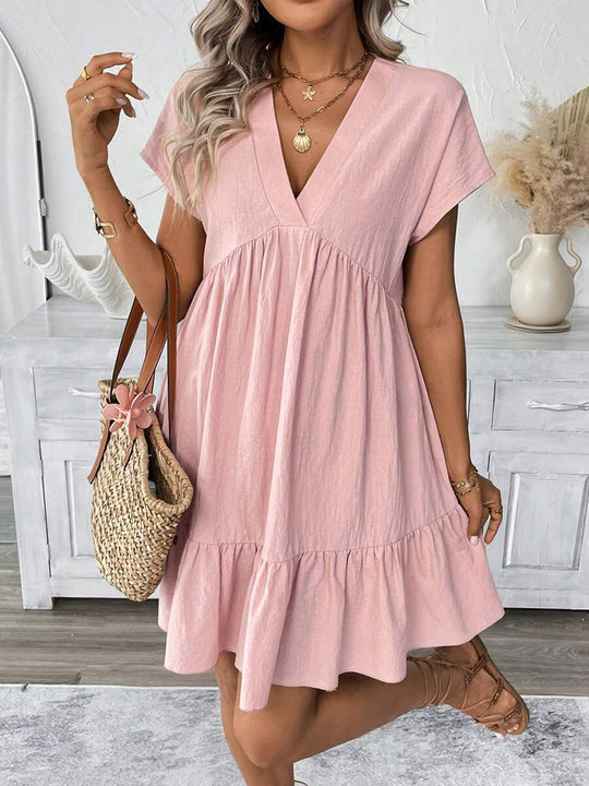 Damen kurzes Sommerkleid mit tiefem V-Ausschnitt und Rüschensaum EB