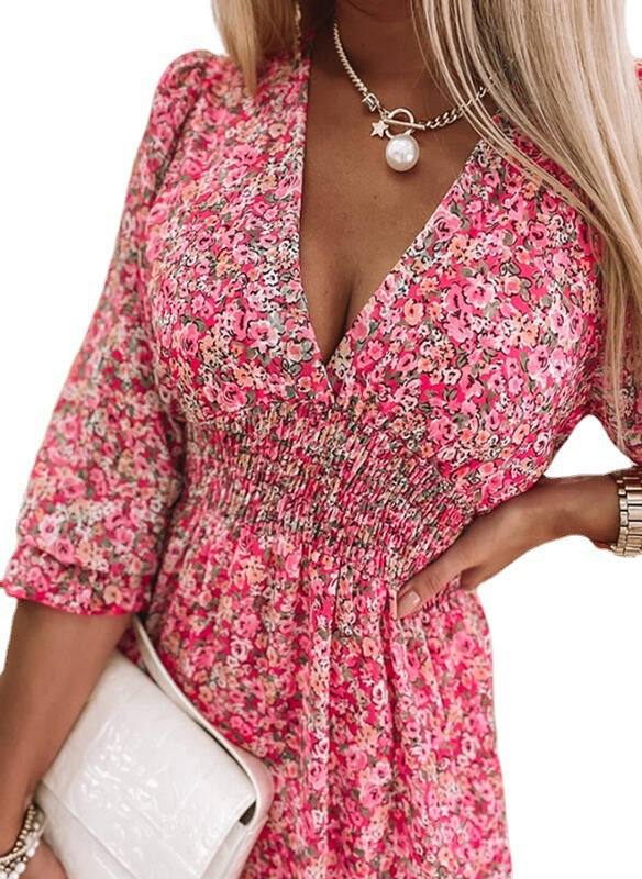 Damen Sommerkleid mit floralem V-Ausschnitt und voluminösen Ärmeln EB
