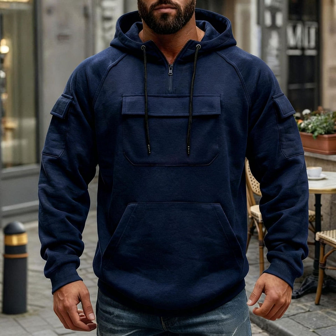 Herren nan funktionaler Kapuzenpullover mit halbem Frontreißverschluss, aufgesetzter Fronttasche mit Klappe und Kängurutasche EB